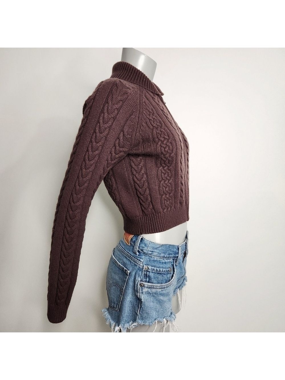 Aritzia Sunday Best "Gigi" Brown Cable Knit Collared Zip-Up Sweater Size 2XS - Picture 12 of 15